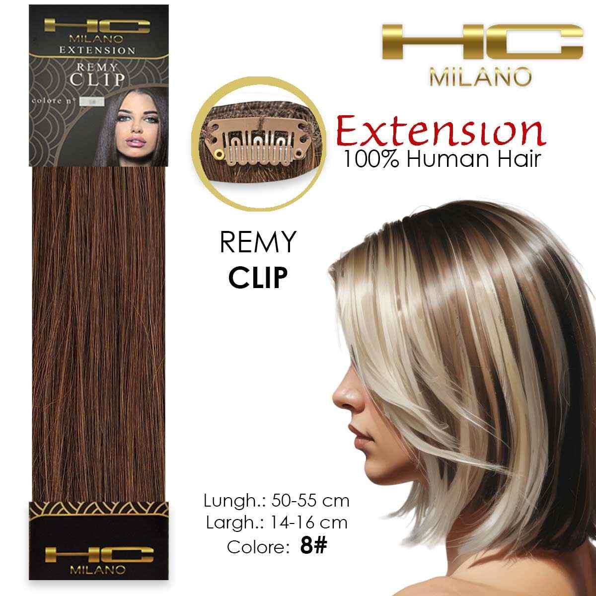 Hc milano capelli naturali 3 clip 1 striscia remy largh.14-16cm lungh.55cm col.8