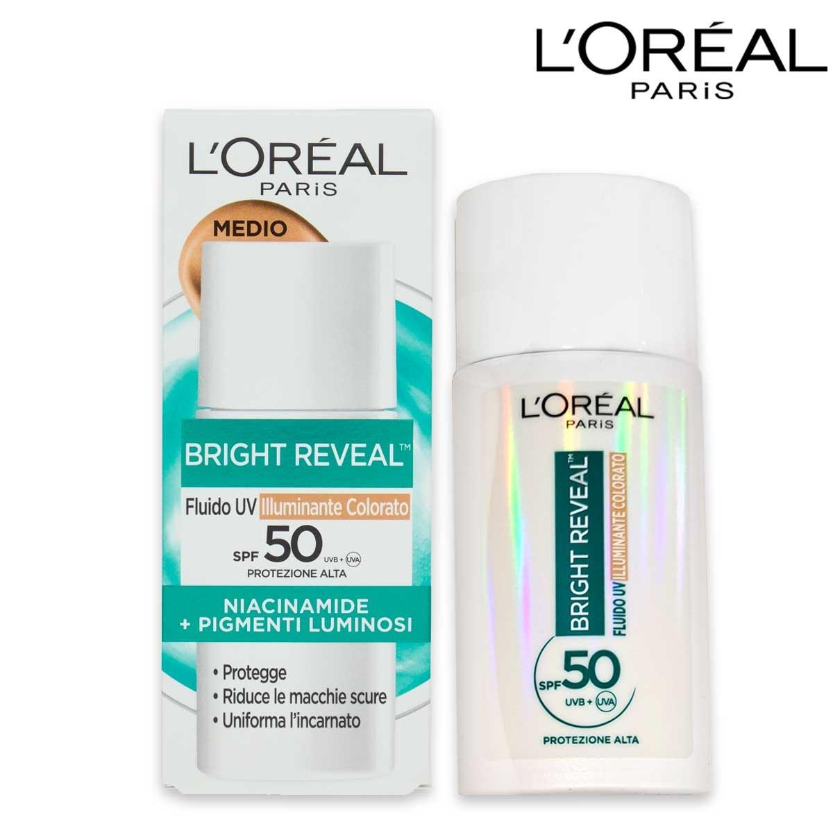 L'oreal bright reveal fluido uv illuminante colorato medium spf 50 50ml
