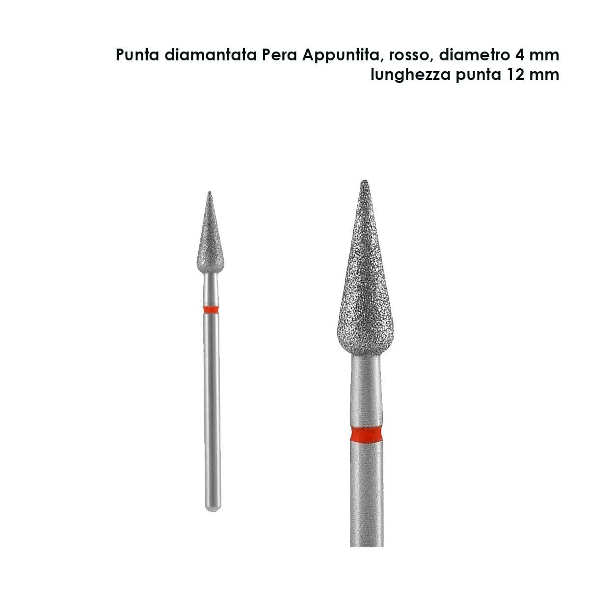Staleks punta diamantata pera appuntita, colore rosso, diametro 4 mm  l. punta 12 mm