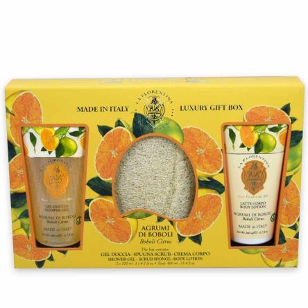 La florentina gift set  agrumi gel doccia 200 ml+latte corpo 200 ml+ spugna  scrub